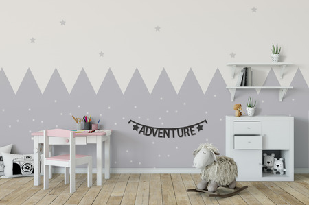 Mock up wall in child room interior. Interior scandinavian style. 3d rendering, 3d illustration. Perfect for Branding your creation or business. Interior wall Mockups good to use for shop owners, artists, creative people, bloggers, who want to advertise or show their latest design!の写真素材