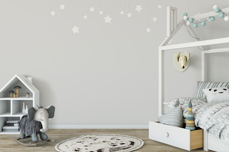 Mock up wall in child room interior. Interior scandinavian style. 3d rendering, 3d illustration. Perfect for Branding your creation or business. Interior wall Mockups good to use for shop owners, artists, creative people, bloggers, who want to advertise or show their latest design!の写真素材