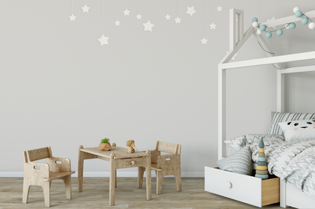 Mock up wall in child room interior. Interior scandinavian style. 3d rendering, 3d illustration. Perfect for Branding your creation or business. Interior wall Mockups good to use for shop owners, artists, creative people, bloggers, who want to advertise or show their latest design!の写真素材