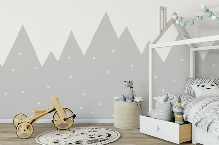 Mock up wall in child room interior. Interior scandinavian style. 3d rendering, 3d illustration. Perfect for Branding your creation or business. Interior wall Mockups good to use for shop owners, artists, creative people, bloggers, who want to advertise or show their latest design!の写真素材