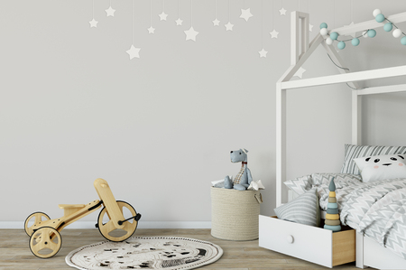 Mock up wall in child room interior. Interior scandinavian style. 3d rendering, 3d illustration. Perfect for Branding your creation or business. Interior wall Mockups good to use for shop owners, artists, creative people, bloggers, who want to advertise or show their latest design!の写真素材