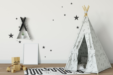 Mock up wall in child room interior. Interior scandinavian style. 3d rendering, 3d illustration. Perfect for Branding your creation or business. Interior wall Mockups good to use for shop owners, artists, creative people, bloggers, who want to advertise or show their latest design!の写真素材
