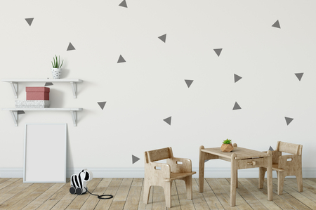 Mock up wall in child room interior. Interior scandinavian style. 3d rendering, 3d illustration. Perfect for Branding your creation or business. Interior wall Mockups good to use for shop owners, artists, creative people, bloggers, who want to advertise or show their latest design!の写真素材