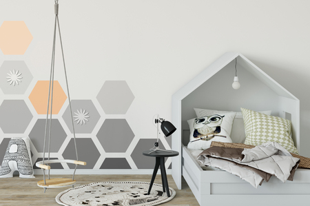 Mock up wall in child room interior. Interior scandinavian style. 3d rendering, 3d illustration. Perfect for Branding your creation or business. Interior wall Mockups good to use for shop owners, artists, creative people, bloggers, who want to advertise or show their latest design!の写真素材