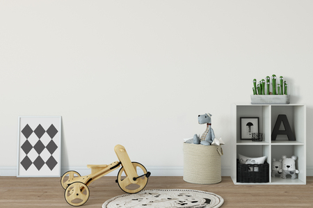 Mock up wall in child room interior. Interior scandinavian style. 3d rendering, 3d illustration. Perfect for Branding your creation or business. Interior wall Mockups good to use for shop owners, artists, creative people, bloggers, who want to advertise or show their latest design!の写真素材