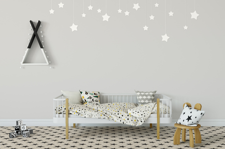 Mock up wall in child room interior. Interior scandinavian style. 3d rendering, 3d illustration. Perfect for Branding your creation or business. Interior wall Mockups good to use for shop owners, artists, creative people, bloggers, who want to advertise or show their latest design!の写真素材