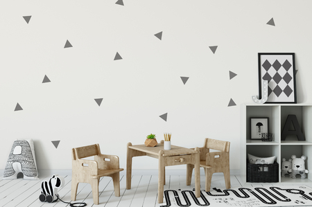 Mock up wall in child room interior. Interior scandinavian style. 3d rendering, 3d illustration. Perfect for Branding your creation or business. Interior wall Mockups good to use for shop owners, artists, creative people, bloggers, who want to advertise or show their latest design!の写真素材