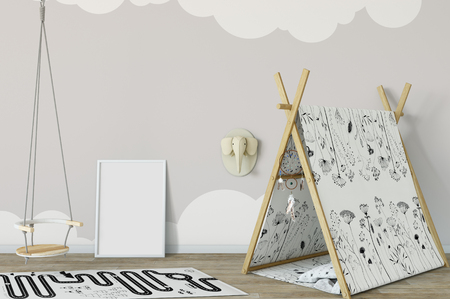 Mock up wall in child room interior. Interior scandinavian style. 3d rendering, 3d illustration. Perfect for Branding your creation or business. Interior wall Mockups good to use for shop owners, artists, creative people, bloggers, who want to advertise or show their latest design!の写真素材