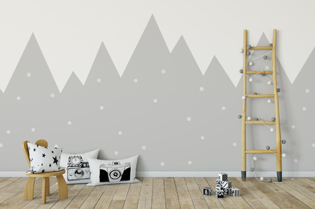 Mock up wall in child room interior. Interior scandinavian style. 3d rendering, 3d illustration. Perfect for Branding your creation or business. Interior wall Mockups good to use for shop owners, artists, creative people, bloggers, who want to advertise or show their latest design!の写真素材