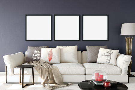 frame mock up in living room interior. Interior scandinavian style. 3d rendering, 3d illustrationの写真素材