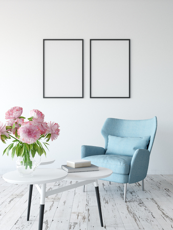 frame mock up in living room interior. Interior scandinavian style. 3d rendering, 3d illustrationの写真素材