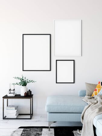 Frame & Poster mock up in living room. Scandinavian interior. 3d rendering, 3d illustrationの写真素材