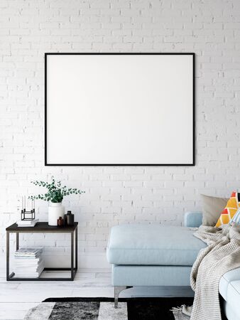 Frame & Poster mock up in living room. Scandinavian interior. 3d rendering, 3d illustrationの写真素材