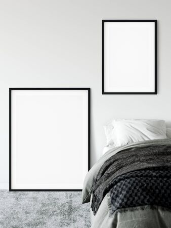 Frame & Poster mock up in living room. Scandinavian interior. 3d rendering, 3d illustrationの写真素材