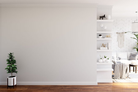 Wall mock up in living room. Scandinavian interior. 3d rendering, 3d illustration
