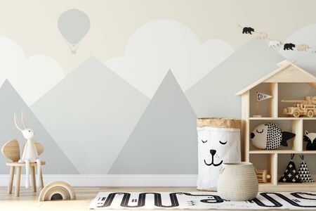 Kids Wall mock up. Kids interior. Scandinavian interior. 3d rendering, 3d illustrationの写真素材