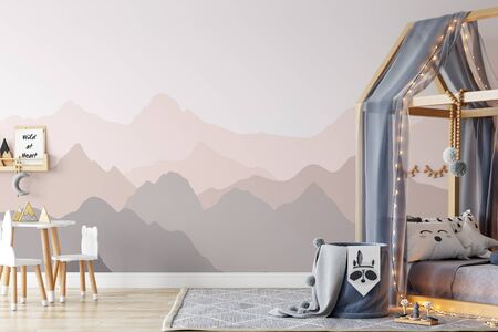 Kids Wall mock up. Kids interior. Scandinavian interior. 3d rendering, 3d illustrationの写真素材