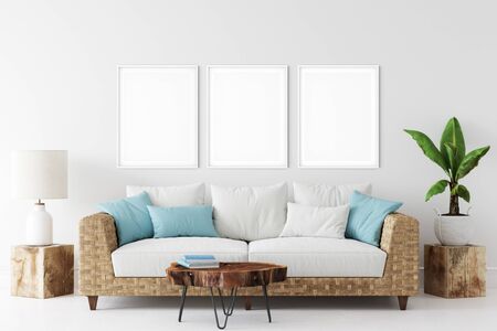 Frame mockup. Coastal Scandinavian interior style. 3d rendering, 3d illustrationの写真素材
