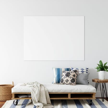Canvas mockup. Coastal Scandinavian interior style. 3d rendering, 3d illustrationの写真素材