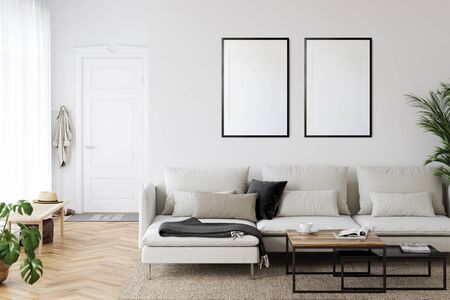Frames mockup in scandinavian interior. Interior mockup. 3d rendering, 3d illustrationの写真素材