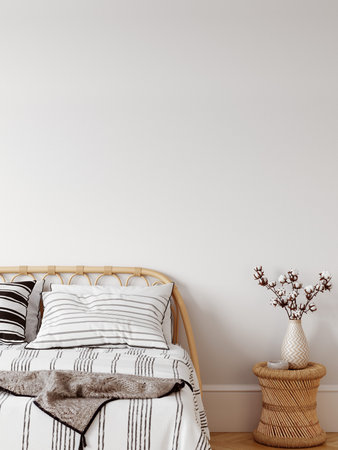 Boho interior style. Wall mockup. Wall art. 3d rendering
