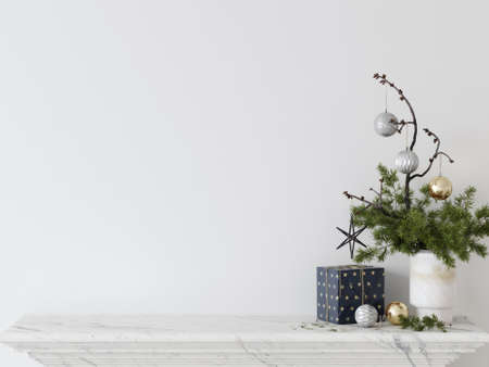 Living Room Christmas interior in Scandinavian style. Christmas tree, toys, gift boxes. Wall Mockup. Poster Mockup. Canva Mockup. 3d rendering, 3d illustrationの写真素材