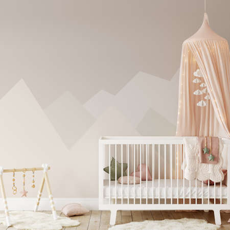 Wall mockup in child room interior. Nursery Interior in scandinavian style. 3d rendering, 3d illustrationの写真素材
