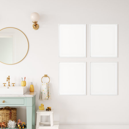 Frame mockup in child room interior. Nursery Interior in scandinavian style. 3d rendering, 3d illustrationの写真素材