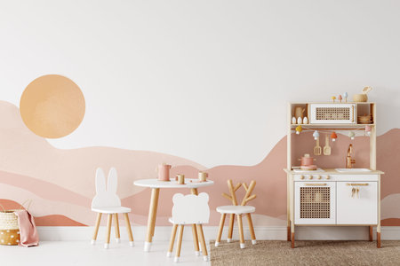 Wall mockup in child room interior. Nursery Interior in scandinavian style. 3d rendering, 3d illustrationの写真素材