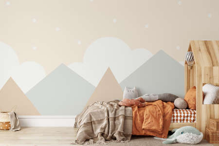 Wall mockup in child room interior. Nursery Interior in scandinavian style. 3d rendering, 3d illustrationの写真素材