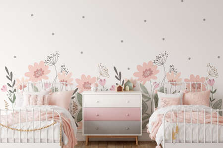 Wall mockup in child room interior. Nursery Interior in scandinavian style. 3d rendering, 3d illustrationの写真素材