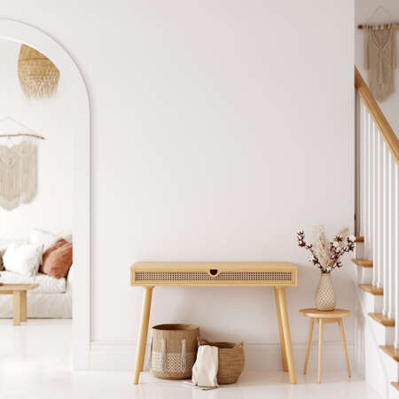 Boho interior style. Wall mockup. Wall art. 3d rendering, 3d illustrationの写真素材