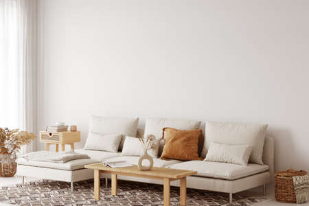 Boho interior style. Wall mockup. Wall art. 3d rendering, 3d illustrationの写真素材