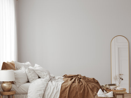 Eco friendly interior style. Bedroom room. wall mockup. wall art. 3d rendering, 3d illustrationの写真素材