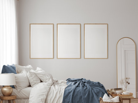 Eco friendly interior style. Bedroom room. wall mockup. wall art. 3d rendering, 3d illustrationの写真素材