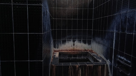 Abandoned bathroom with black tiles and water tap. 3d renderingの写真素材