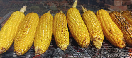 Grilled corn on the coals in the brazier.の写真素材
