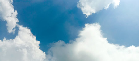 Blue sky with white clouds. Nature background. Panoramic image.の写真素材
