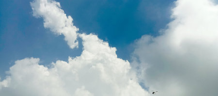 Blue sky with white clouds. Nature background. Panoramic image.の写真素材