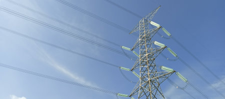 High voltage power lines and pylons against a blue sky.の写真素材