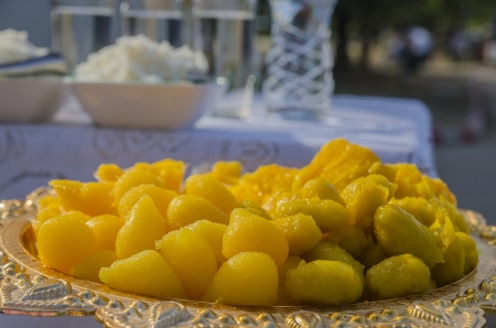 Thai dessert ,thai sweets on the leafの写真素材