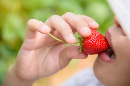 Beautiful girl eating a strawberry.の写真素材