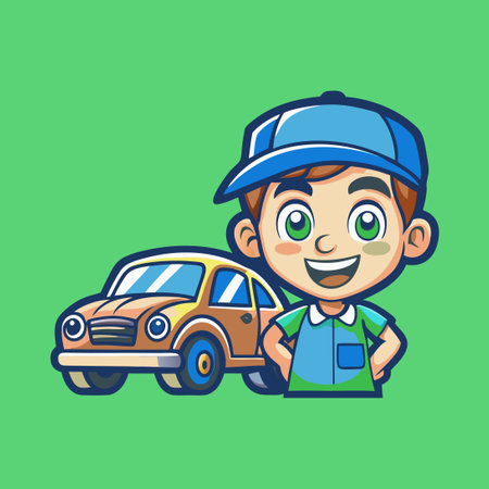 Cheerful Boy Riding a Race Car Mascot Cartoon Vector Illustrationのイラスト素材