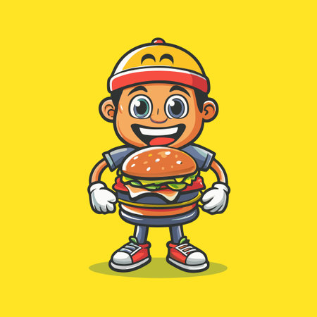 Simple and Appealing Vector Mascot Logo for a Friendly Burger Boy Characterのイラスト素材