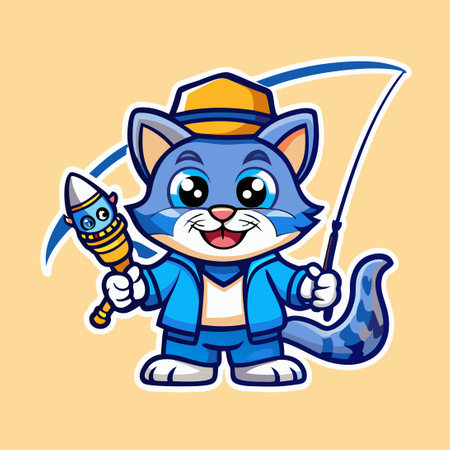 Cartoon Cat Fishing Mascot in a Stylish Vector Logo Illustrationのイラスト素材