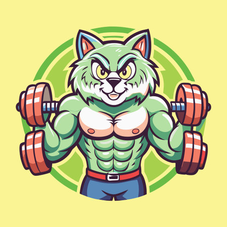 Gymnastic Cat Mascot Cartoon Logo Illustration with Cheerful Expressionのイラスト素材