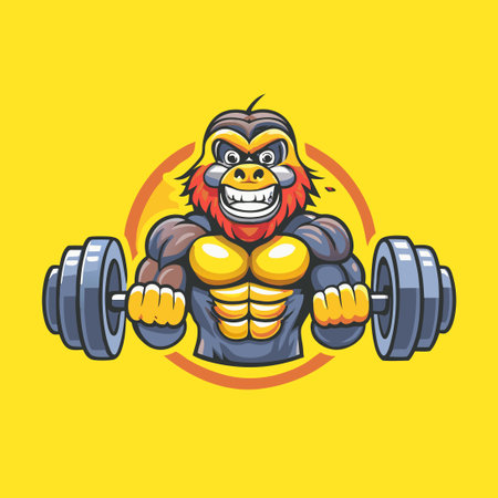 Lion mascot logo. Lion with dumbbells. Vector illustrationのイラスト素材