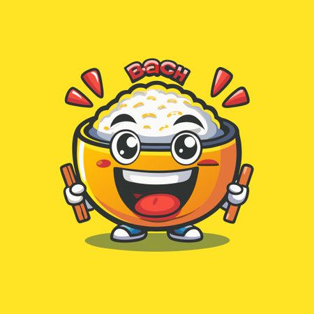 Vector cartoon illustration of rice bowl character with happy face. Isolated on yellow background.のイラスト素材