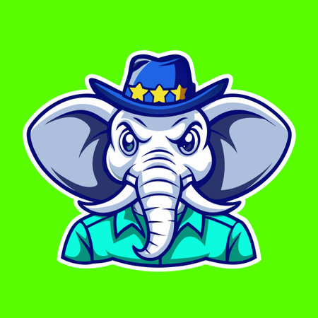 Elephant Mascot. Vector illustration of an elephant wearing a hat and shirt isolated on green background.のイラスト素材
