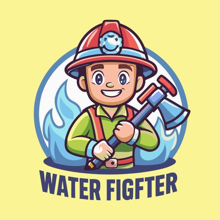 Firefighter mascot. Vector illustration of fireman in uniform with axe.のイラスト素材